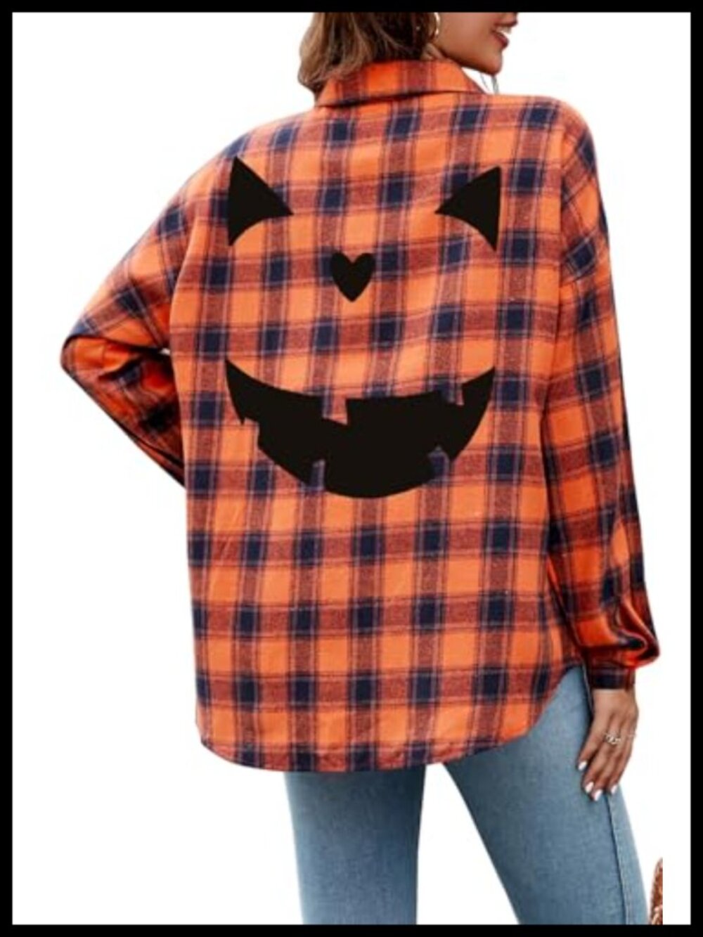 Flannel Plaid Button Down Shirt Pumpkin Graphic Women's Halloween Top